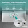 A top-down view of a white sink with a faucet, highlighting its drainage system with arrows and text callouts. Produktbild-Vorschau