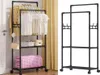 A black metal garment rack with clothes and accessories on it, next to a plain black garment rack. Náhľad obrázku produktu