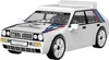 A white toy model of a Lancia Delta HF Integrale racing car with blue and red racing stripes. Produktbild-Vorschau
