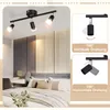 A bedroom scene with a track light fixture installed on the ceiling, and inset images demonstrating the light's adjustability. Produktbild-Vorschau