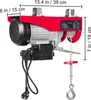 A red electric hoist with measurement labels. Podgląd zdjęcia produktu