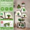 A plant stand with integrated grow lights, showcasing healthy plants under the lights and a wilted plant without. Produktbild-Vorschau