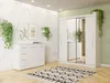 A white wardrobe with mirrored doors and a white dresser are shown in a room with plants and artwork. Produktbild-Vorschau