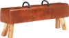 A vintage-style pommel horse bench with leather upholstery and wooden legs, presented against a white background. Voir les images du produit