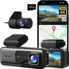 A collage of a dashcam system, including a front camera, a rear camera, a 64GB SD card, and a smartphone displaying live footage and a map. Produktbild-Vorschau