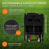 A black foldable wagon on a grassy background with text overlays highlighting its features. Produktbild-Vorschau