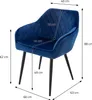 A dark blue velvet armchair with dimensions indicated by measurement lines and text. Náhled obrázku produktu