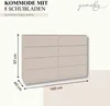 A beige dresser with 8 drawers is shown with dimensions indicated. Produktbild-Vorschau