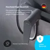 Close-up of a modern gray shower faucet with descriptive text and logos. Produktbild-Vorschau