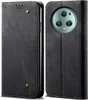 A black flip-style phone case for the Honor Magic 5 Pro is shown from two angles, open and closed. Produktbild-Vorschau