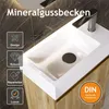 A close-up view of a modern bathroom sink and vanity with various feature callouts. Produktbild-Vorschau