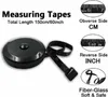 A black retractable measuring tape is shown with text and diagrams explaining its features and measurements. Produktbild-Vorschau
