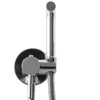 A close-up shot of a chrome bidet sprayer and faucet mounted on a wall. Náhled obrázku produktu