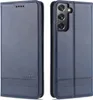 A blue leather phone case for a Samsung S21 5G is shown from the front and back. Produktbild-Vorschau