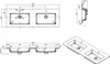 Technical drawings and a 3D rendering of a double sink vanity top. Voir les images du produit
