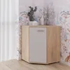 A corner cabinet with a light wood finish and a white door, decorated with a cactus and branches on top. It is placed in a room with floral wallpaper and a white curtain. Náhľad obrázku produktu