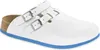 A white Birkenstock Kay SL Pantolette clog with blue trim and a cork footbed. Produktbild-Vorschau