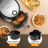 A collage of an air fryer and various foods, including a whole chicken, fries, and onion rings, with labels indicating basket sizes. Produktbild-Vorschau