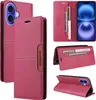 A collage of images showing a red leather flip wallet phone case from different angles, including open and closed views, with a phone inside. Produktbild-Vorschau