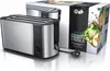 A silver and black toaster with its packaging. Voir les images du produit