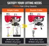Two configurations of an electric hoist are shown side-by-side, illustrating single and double cable setups with their respective lifting specifications. Produktbild-Vorschau