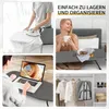 Collage showing different uses of a foldable ironing board, including ironing, working on a laptop, and storage. Produktbild-Vorschau