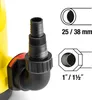 Close-up of a yellow submersible pump's outlet fitting with measurement diagrams on the right. Produktbild-Vorschau