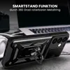 A black phone case with a ring stand is shown in a close-up shot, with a laptop and headphones in the background. Produktbild-Vorschau