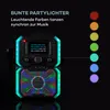 A karaoke machine with colorful lights and a microphone, set against a black background, with color swatches on the right. Produktbild-Vorschau