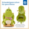 A plush dinosaur rocking toy is shown from two angles, with text and a logo indicating it's for young children. Produktbild-Vorschau