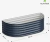 A dark grey, corrugated metal raised garden bed is shown against a white background. Dimensions are indicated with lines and text. Podgląd zdjęcia produktu