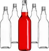 Five glass bottles are arranged on a white background. One bottle in the center is filled with red liquid, while the other four are empty. Produktbild-Vorschau