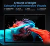 A tablet displaying a colorful splash of paint, with a hand reaching out to touch it. Text overlays highlight the tablet's features. Produktbild-Vorschau