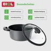 A BIOL aluminum cooking pot with a glass lid is shown, with feature callouts in the background. Produktbild-Vorschau