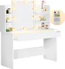 A white vanity table with a mirror, LED lights, and shelves, featuring a remote control for the lights. Produktbild-Vorschau