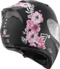A black motorcycle helmet with a pink floral pattern, shown from the side and rear. Produktbild-Vorschau