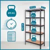 A black metal shelving unit with dimensions and weight capacity indicated by graphics. Podgląd zdjęcia produktu