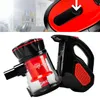 A collage showing a close-up of a vacuum cleaner's dustbin and a detail of its top with an arrow indicating a button, set against a blurred background of a living room. Podgląd zdjęcia produktu