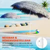 A beach scene with two straw umbrellas, beach balls, and rocks. Produktbild-Vorschau