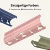 Three different colored cable management trays are shown from a diagonal angle against a light background. Text overlays describe the colors. Voir les images du produit