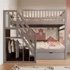 A gray bunk bed with stairs, a built-in closet, and a drawer, set in a child's bedroom with decorative wall art. Náhled obrázku produktu