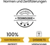 Marketing image with text and logos related to product certifications and features. Produktbild-Vorschau