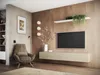 A modern living room with a TV, entertainment unit, armchair, and bookshelf. Náhľad obrázku produktu