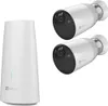 A white base station and two white security cameras are shown against a white background. Produktbild-Vorschau