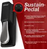 A close-up of a black sustain pedal with a silver pedal, featuring text describing its features. Produktbild-Vorschau