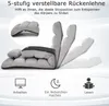 A floor chair shown in various reclining positions with icons below indicating use cases like working, napping, and reading. A smaller inset image shows the padding detail. Anteprima dell’immagine prodotto