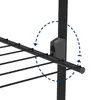 A close-up view of a black wire drying rack attached to a black pole with a gray clip. A dashed blue arrow indicates a rotational movement. Produktbild-Vorschau