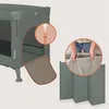 A travel crib with a close-up of a zipper and a close-up of hands folding a mattress. Voir les images du produit