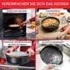 A collage of four images demonstrating the features of a cookware set, including baking, serving, storage, and cleaning. Produktbild-Vorschau