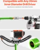 The image shows two parts. The top part illustrates how an auger attachment connects to a drill driver. The bottom part shows the auger attachment itself, with a close-up of its connection point. Produktbild-Vorschau